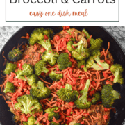 A seasoned cast iron skillet filled with golden-brown chicken breast pieces, bright green broccoli florets, and sliced orange carrots