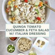A vibrant bowl of fluffy quinoa mixed with diced red tomatoes, crisp green cucumbers, and crumbled white feta cheese, drizzled with herb-flecked Italian dressing