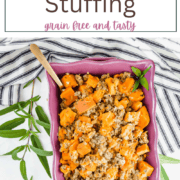 A top-down view of a colorful dish filled with cubed sweet potatoes, browned ground pork, onions, and celery, seasoned with fresh green herbs.