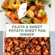 A large sheet pan filled with roasted chicken thigh strips, sliced bell peppers, red onions, and cubed sweet potatoes, all seasoned with smoky fajita spices.